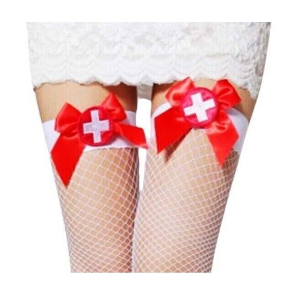 Nurse Costume Thigh High Stockings Womens One Size White Fishnet with Red Badge - Picture 5 of 6